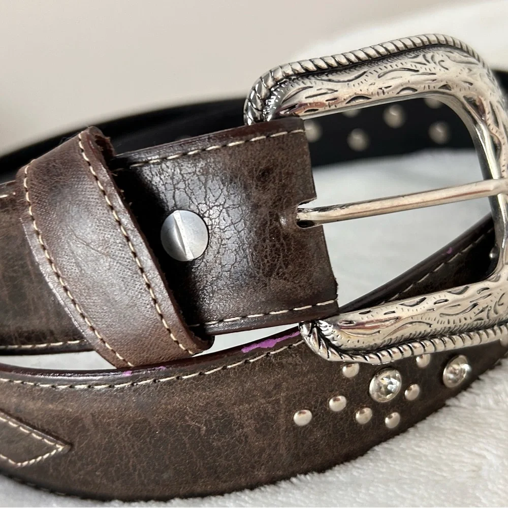 Western‎ Brown Leather Belt with Studs & Rhinestones 38